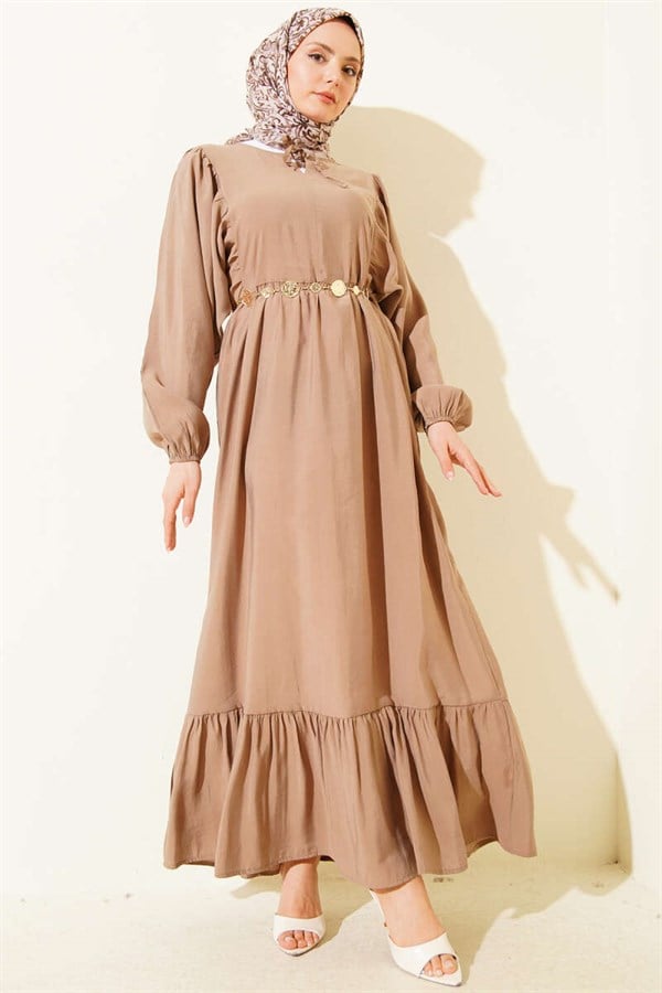 Batwing Sleeve Collar Drawstring Modal Dress Latte