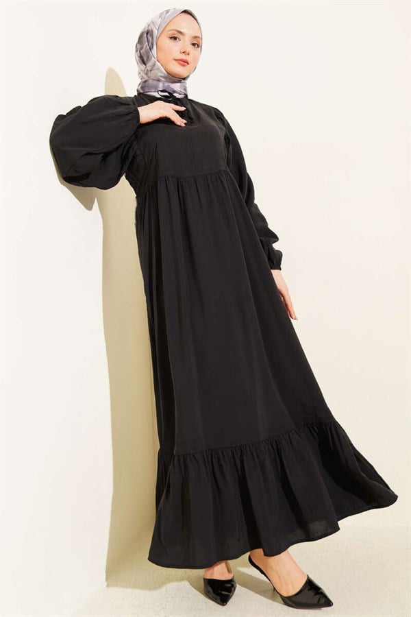 Batwing Sleeve Collar Drawstring Modal Dress Black