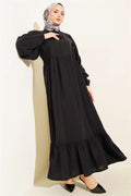 Batwing Sleeve Collar Drawstring Modal Dress Black