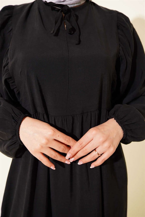 Batwing Sleeve Collar Drawstring Modal Dress Black