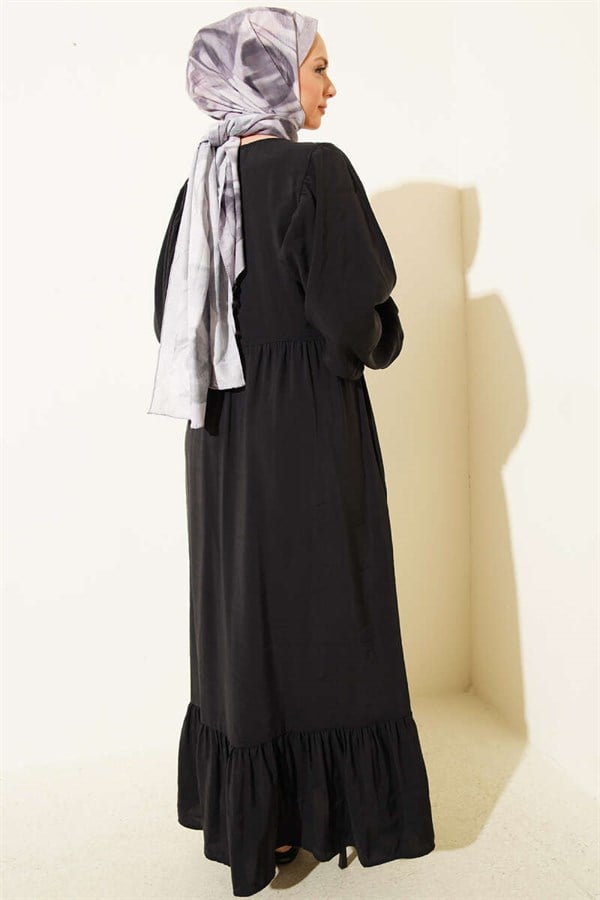 Batwing Sleeve Collar Drawstring Modal Dress Black