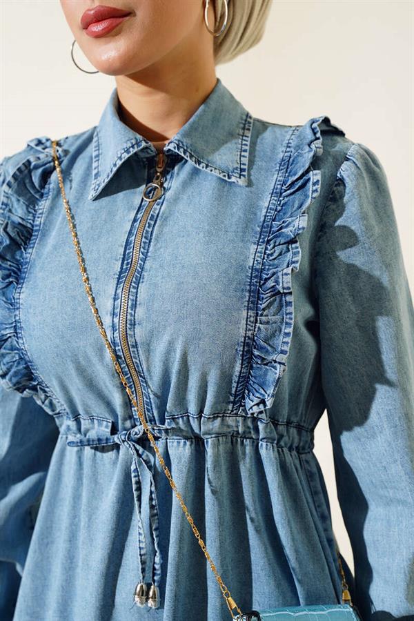 Half Zipper Denim Dress Denim Blue
