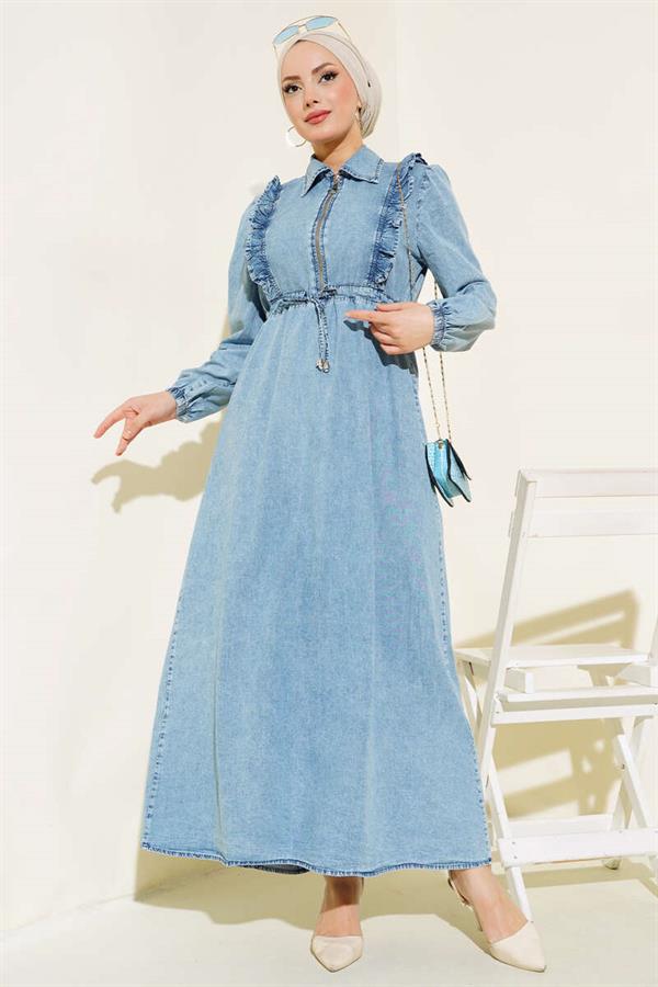 Half Zipper Denim Dress Denim Blue