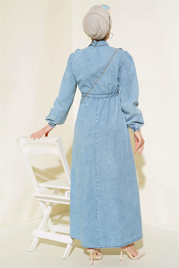 Half Zipper Denim Dress Denim Blue