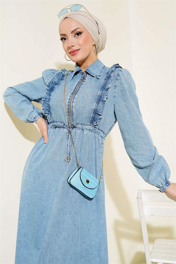 Half Zipper Denim Dress Denim Blue