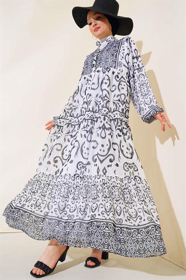 Half Buttoned Chiffon Dress White
