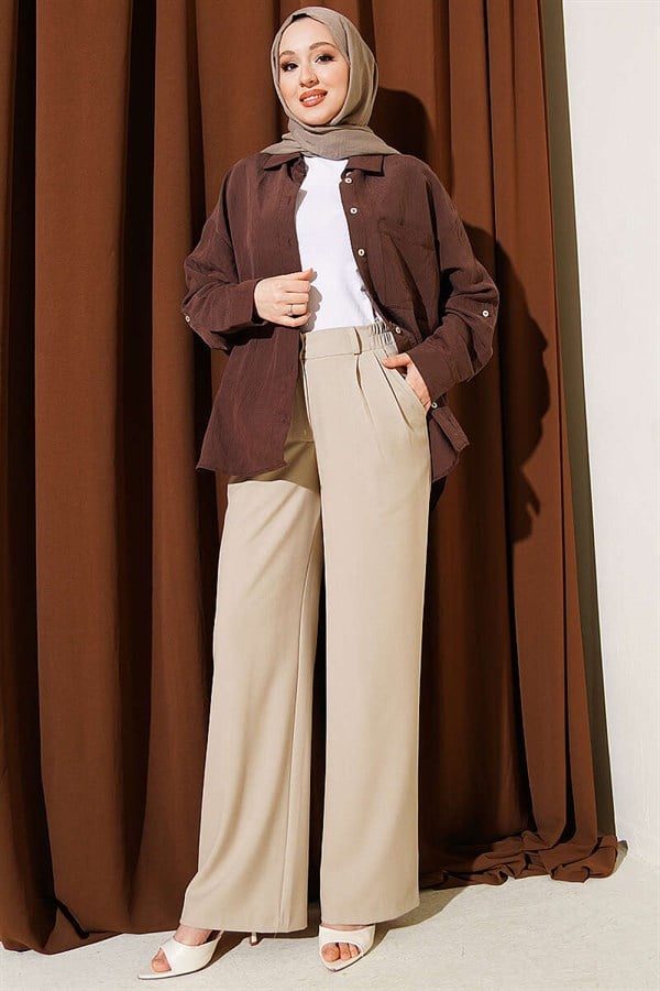 Beige Palazzo Pants with Half Waist Elastic