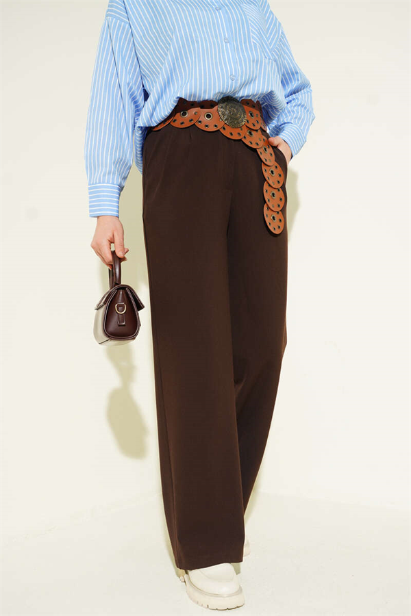 Half-Waist Elasticated Palazzo Trousers, Brown