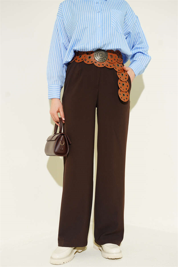 Half-Waist Elasticated Palazzo Trousers, Brown