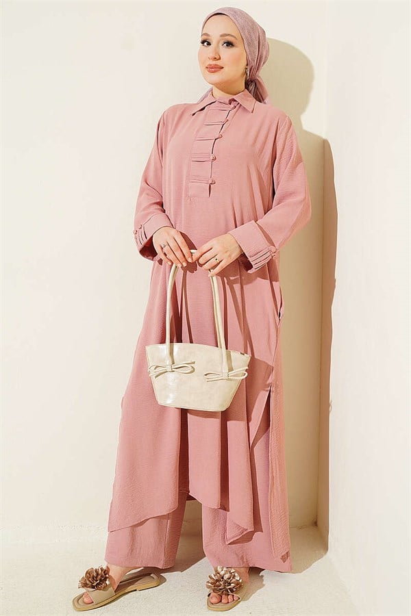 Half Button Two-Piece Set, Rose Pink