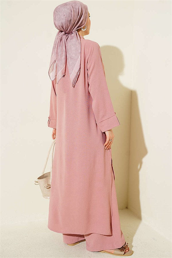 Half Button Two-Piece Set, Rose Pink
