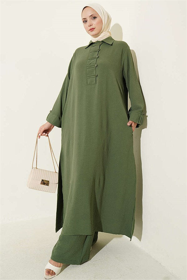Half Button Two-Piece Set Green