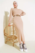 Half Turtleneck Corduroy Skirt 2 Piece Set Beige