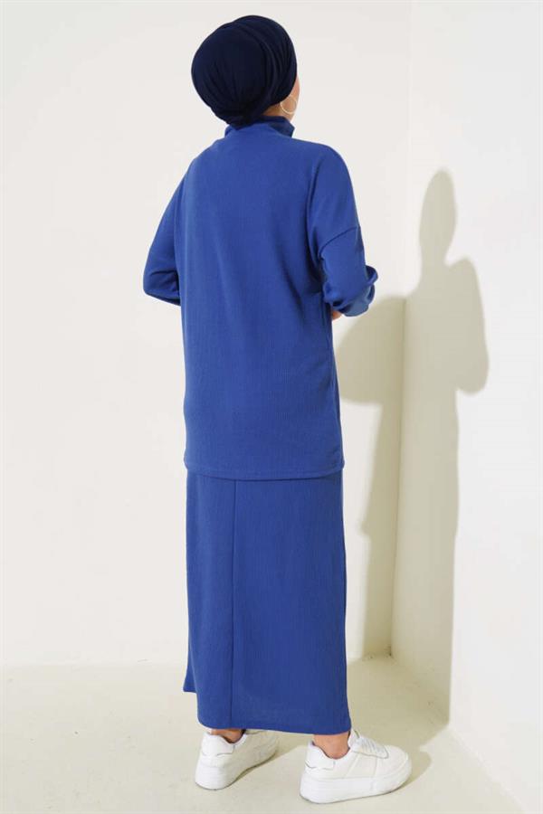Half Neck Corduroy Skirt 2 Piece Set Indigo
