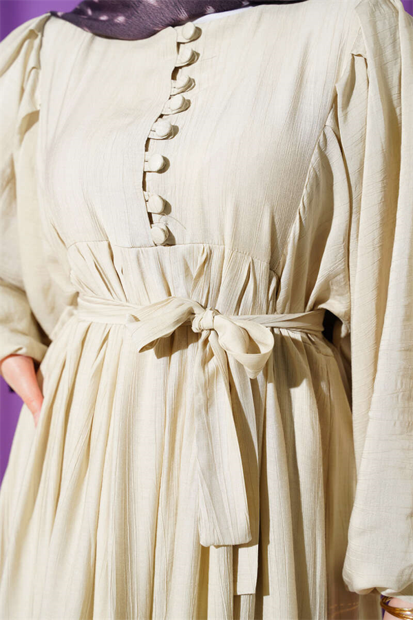 Half-Brit Buttoned Balloon Sleeve Dress Beige