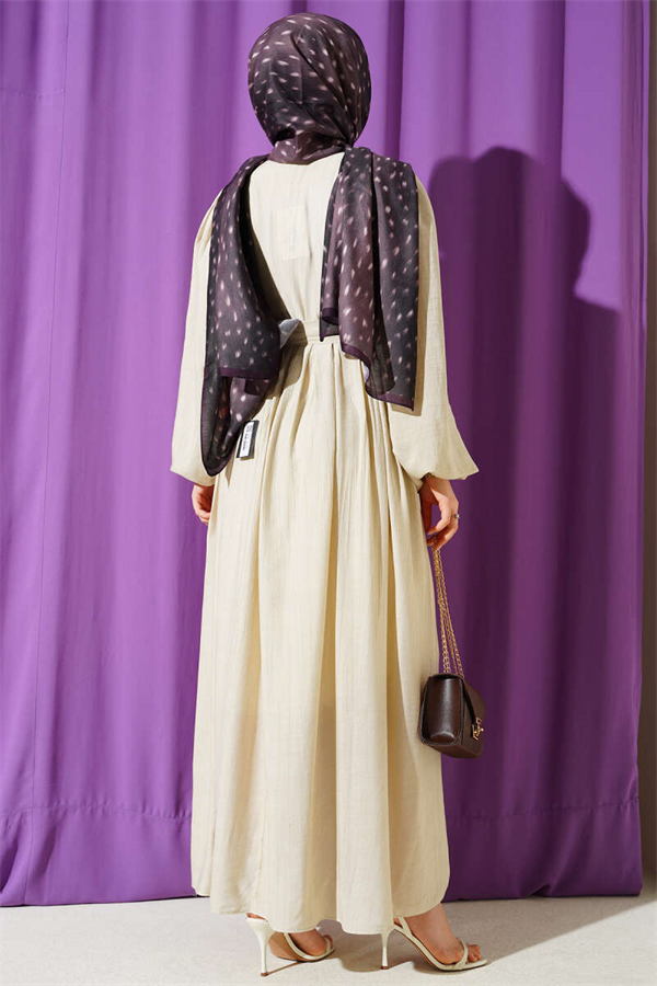 Half-Brit Buttoned Balloon Sleeve Dress Beige