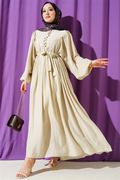 Half-Brit Buttoned Balloon Sleeve Dress Beige