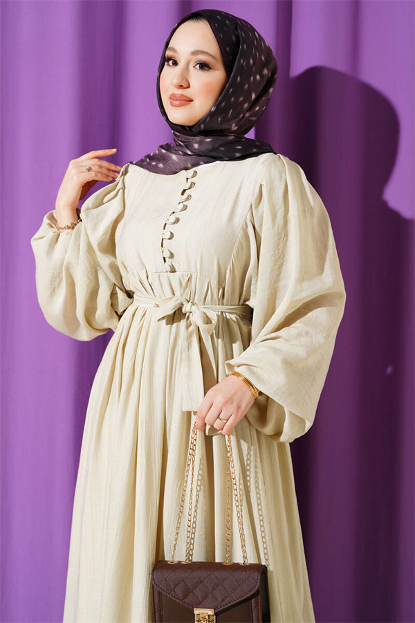 Half-Brit Buttoned Balloon Sleeve Dress Beige