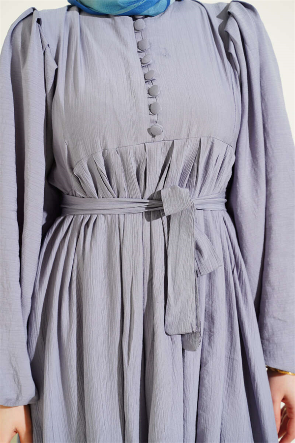 Half British Buttoned Balloon Sleeve Dress Grey