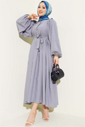 Half British Buttoned Balloon Sleeve Dress Grey