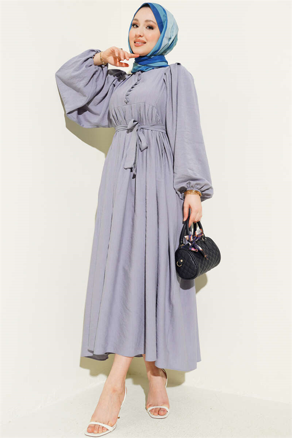 Half British Buttoned Balloon Sleeve Dress Grey