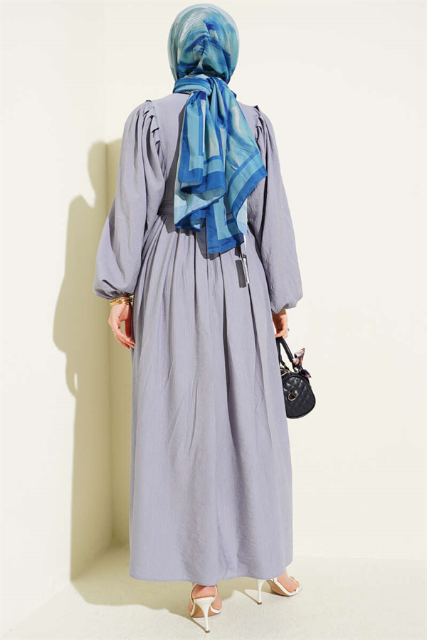 Half British Buttoned Balloon Sleeve Dress Grey