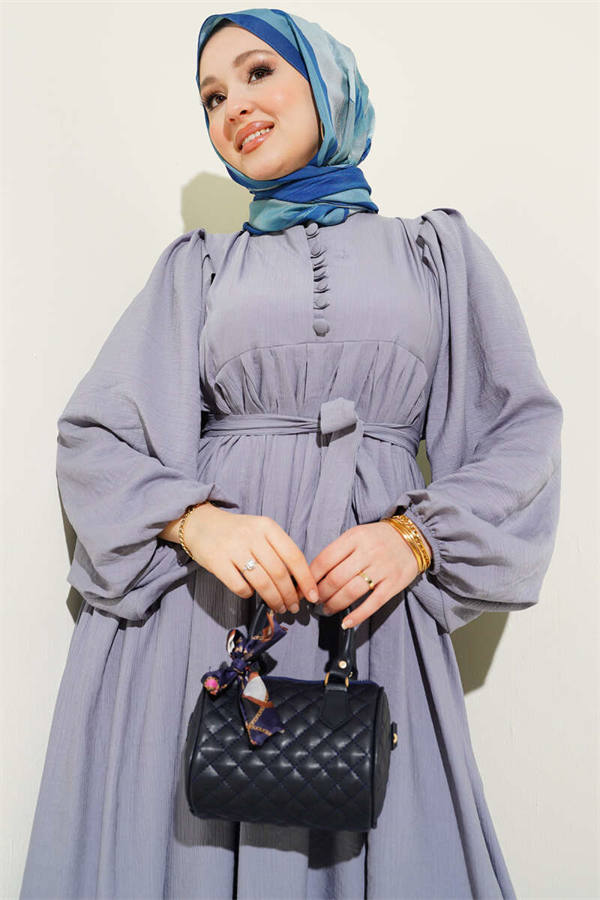 Half British Buttoned Balloon Sleeve Dress Grey