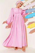 Half British Buttoned Balloon Sleeve Dress Pink