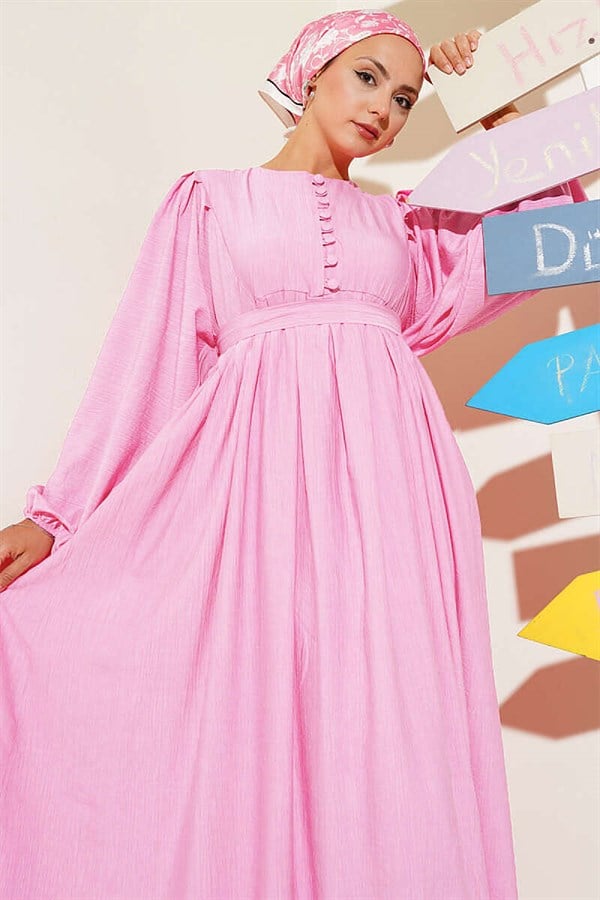 Half British Buttoned Balloon Sleeve Dress Pink