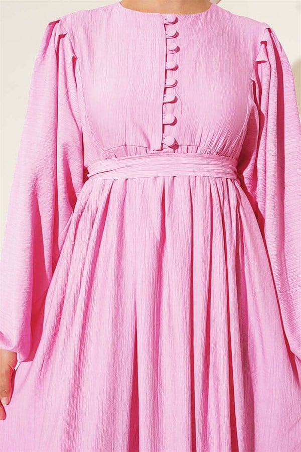 Half British Buttoned Balloon Sleeve Dress Pink