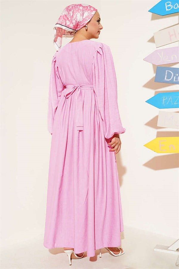 Half British Buttoned Balloon Sleeve Dress Pink