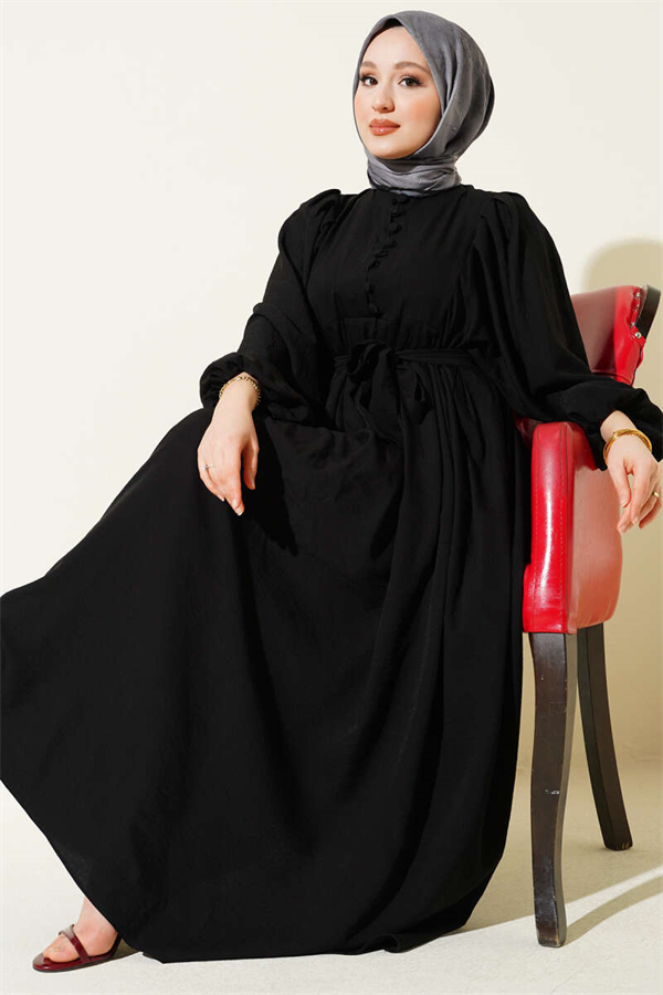 Half British Buttoned Balloon Sleeve Dress Black