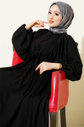 Half British Buttoned Balloon Sleeve Dress Black