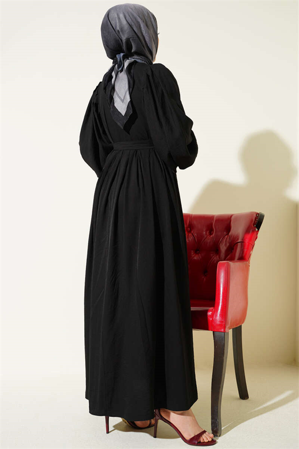 Half British Buttoned Balloon Sleeve Dress Black