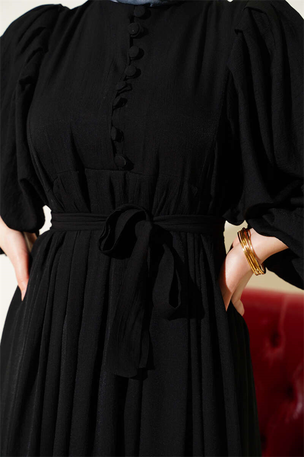 Half British Buttoned Balloon Sleeve Dress Black