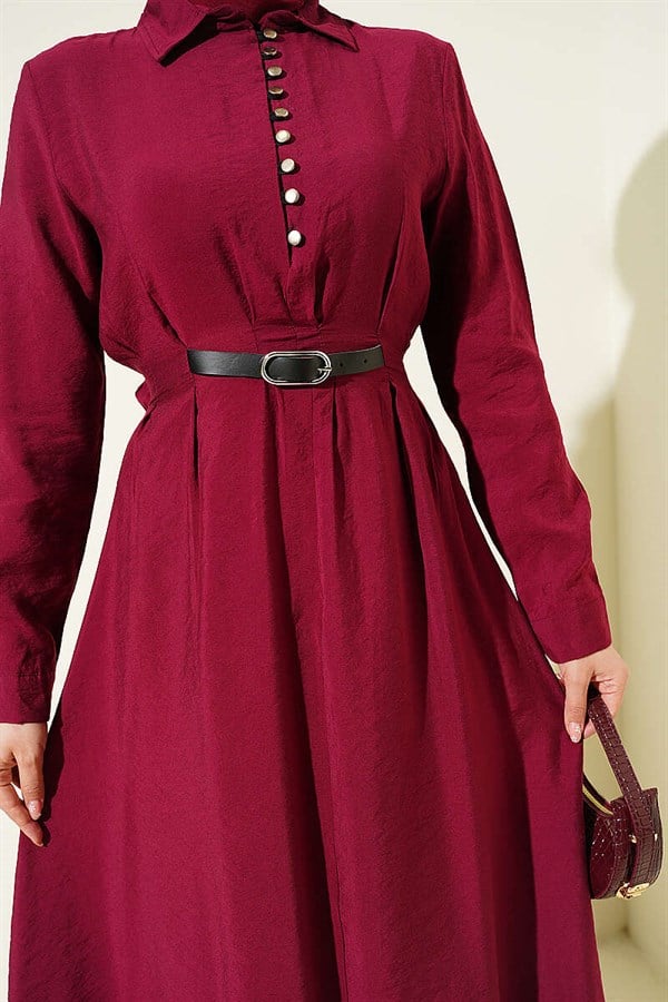 Half-Brit Buttoned Belt Detail Dress Burgundy