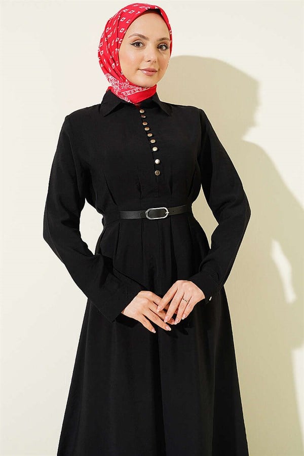Half-Brit Buttoned Belt Detail Dress Black
