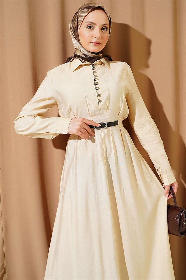 Half-Brit Buttoned Belt Detail Dress, Beige