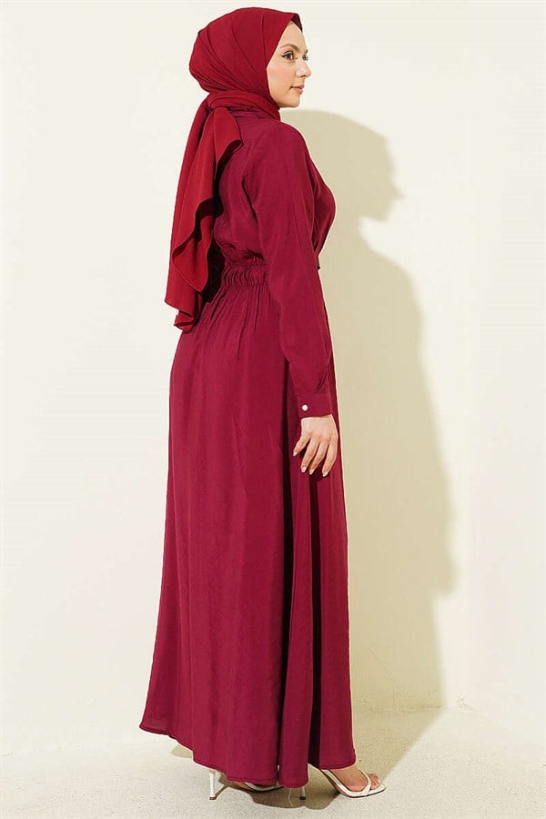 Half-Brit Buttoned Belt Detail Dress Burgundy