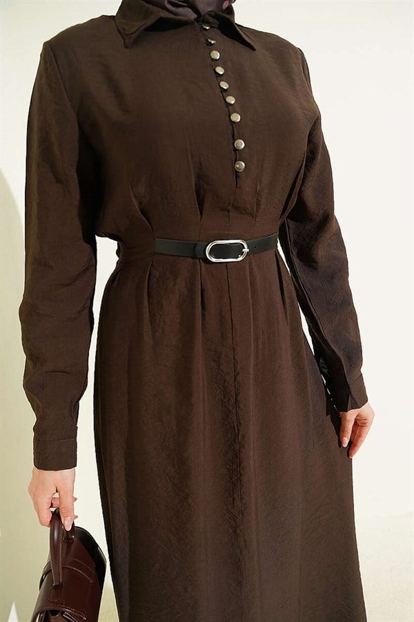 Half-Brit Button-Down Belt Detail Dress, Brown