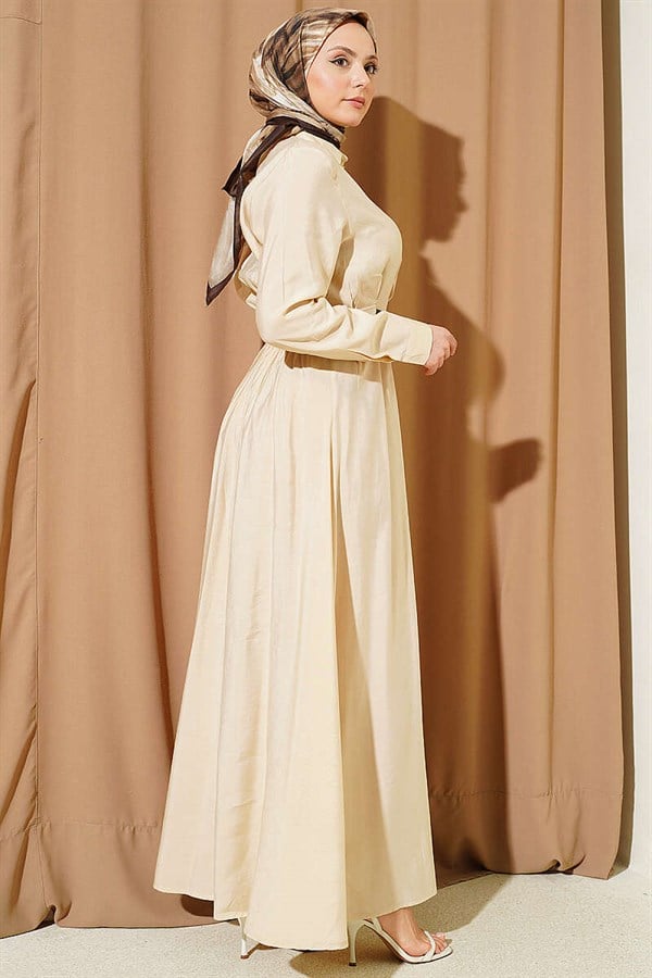 Half-Brit Buttoned Belt Detail Dress, Beige