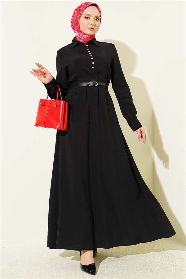 Half-Brit Buttoned Belt Detail Dress Black