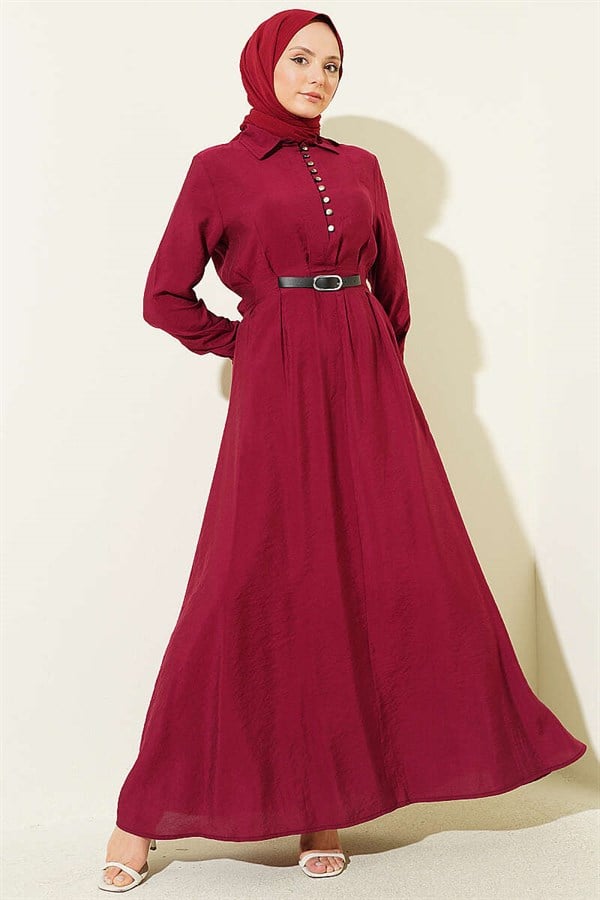 Half-Brit Buttoned Belt Detail Dress Burgundy