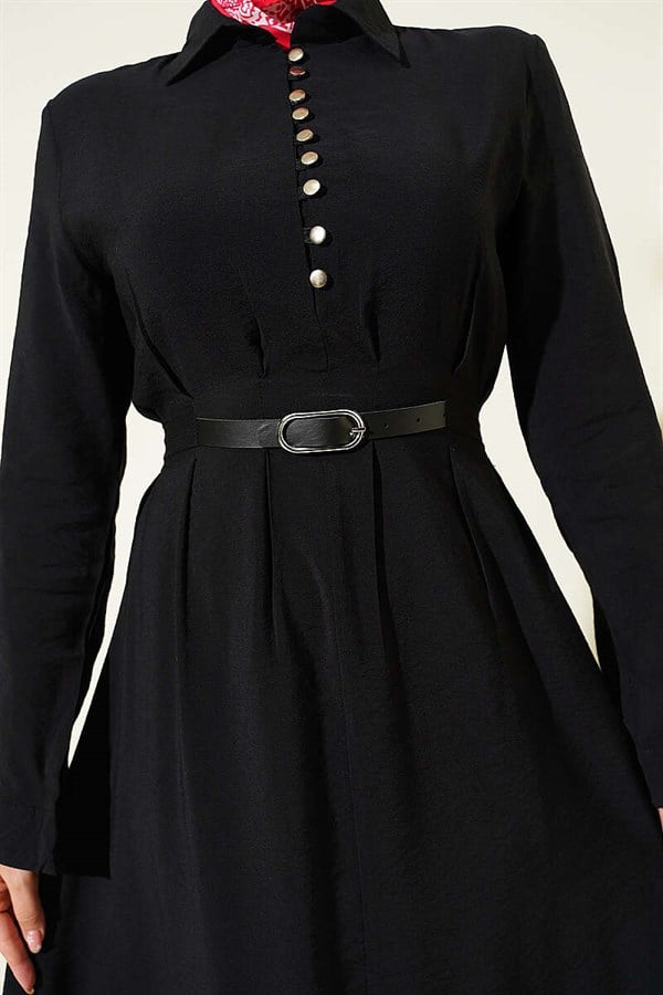 Half-Brit Buttoned Belt Detail Dress Black