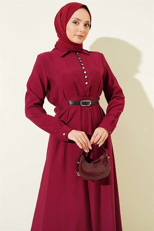 Half-Brit Buttoned Belt Detail Dress Burgundy
