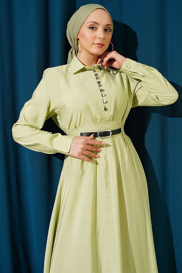 Half-Brit Button-Down Belt Detail Dress in Sage Green