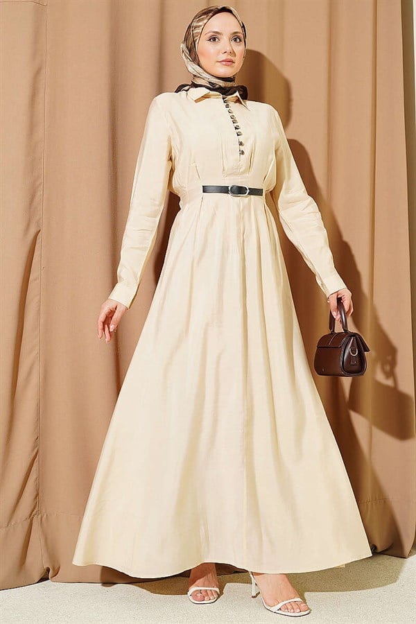 Half-Brit Buttoned Belt Detail Dress, Beige