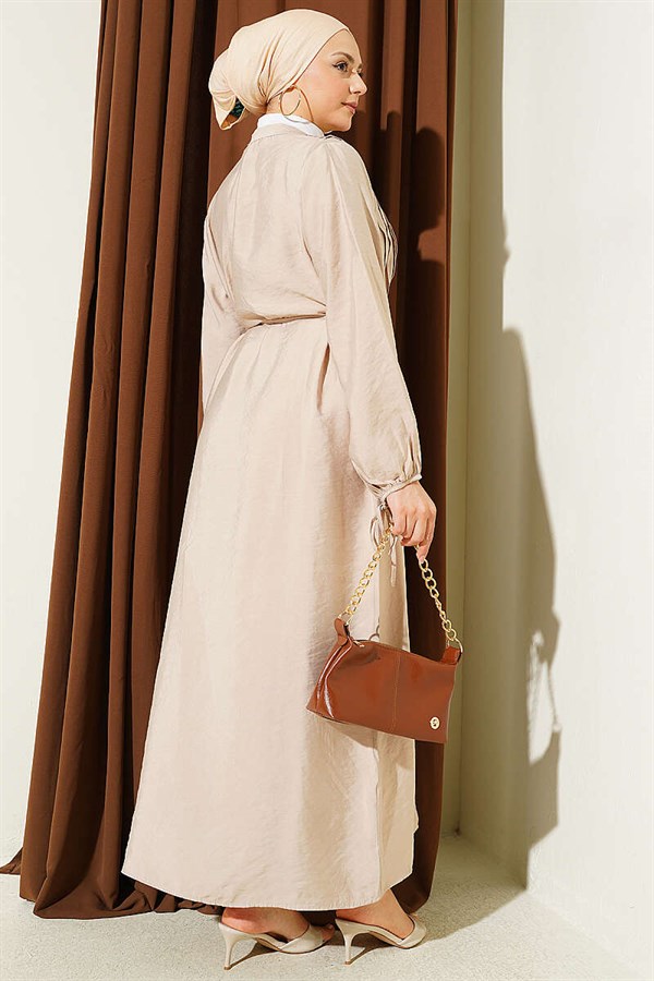 Half-Brit Buttoned Ribbed Dress, Beige