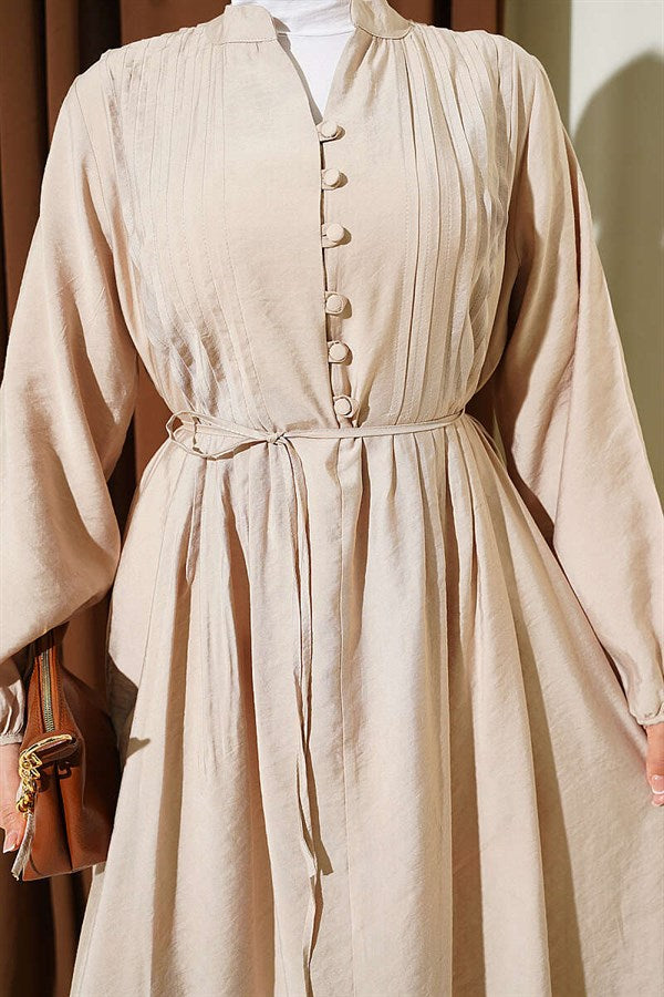 Half-Brit Buttoned Ribbed Dress, Beige