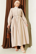 Half-Brit Buttoned Ribbed Dress, Beige